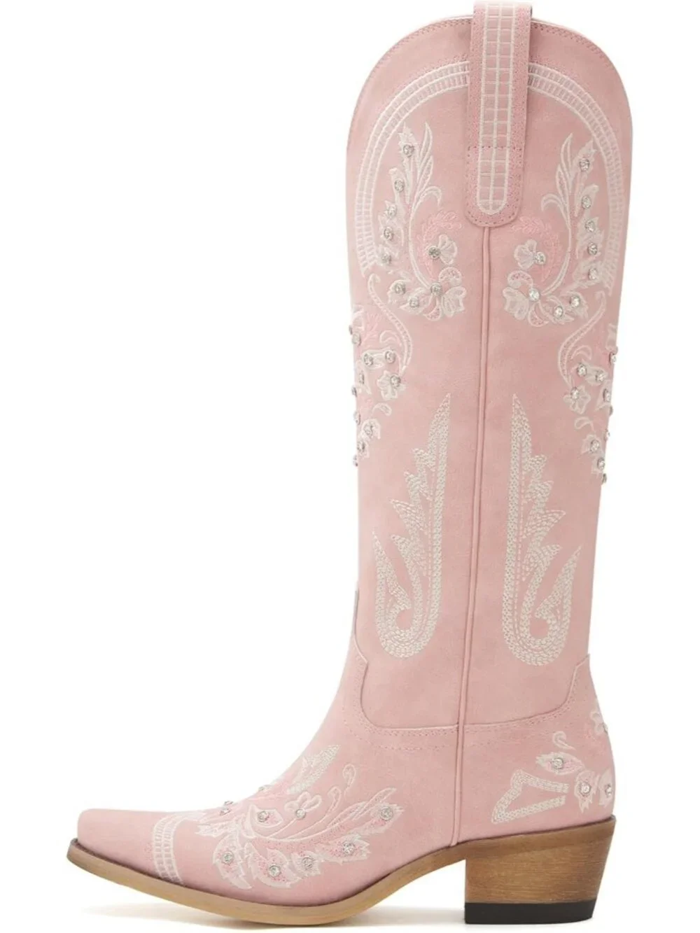 Women's Pink Knee High Embroidered Rhinestones Chunky Heel Tall Boots
